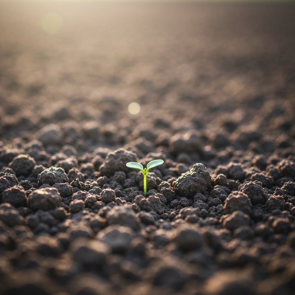 Close-up of rich fertile soil with a small green seedling emerging